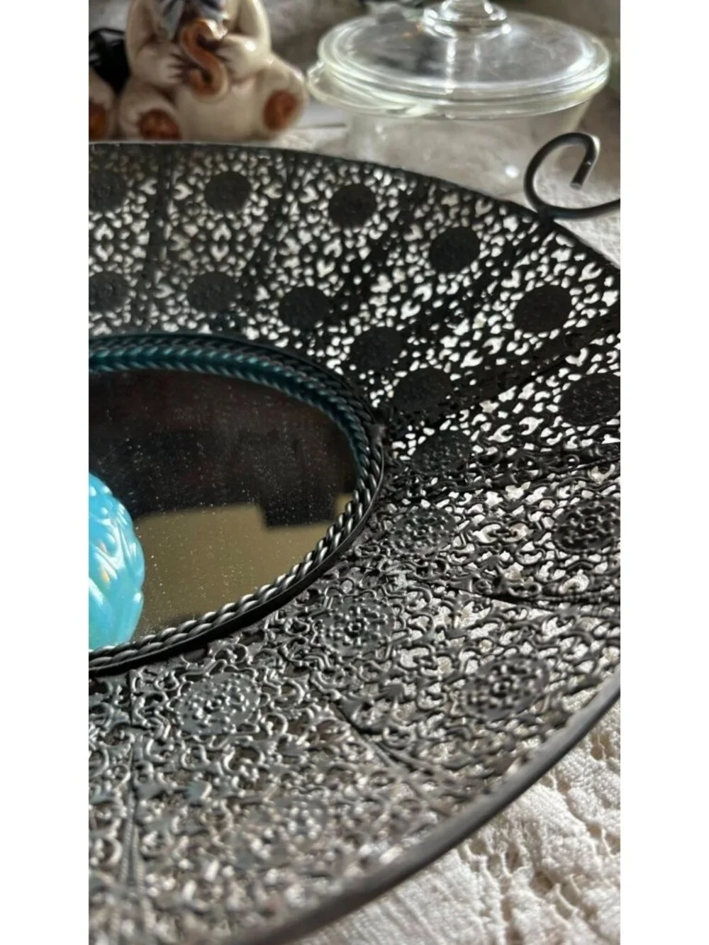 Decorative Bella Lux Silver Filigree Vanity Tray With Mirror Center & Handles 14